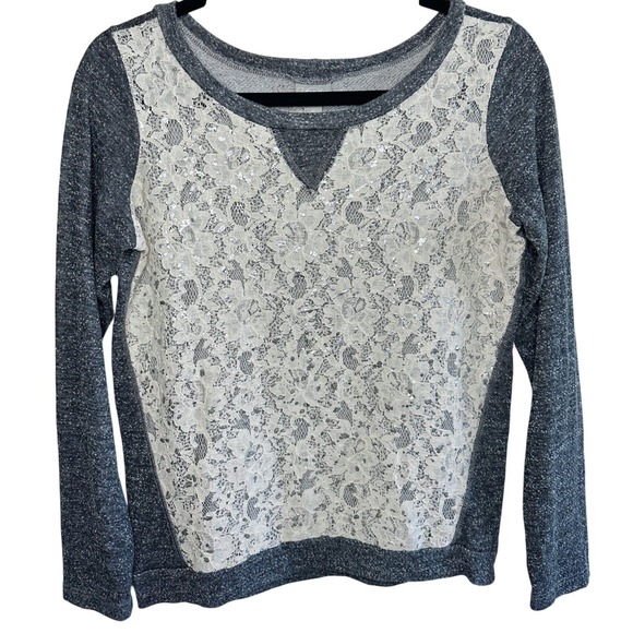 Vanity Tops - Vanity Grey Lace Knit Top Size S Long Sleeve Y2K Indie Sleaze Dark Cottagecore